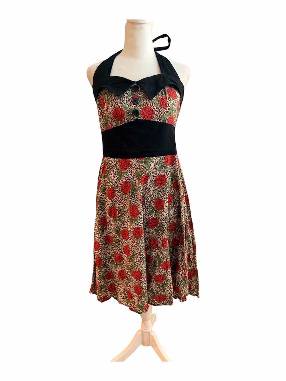 Hell Bunny Vixen Red Rose and Cheetah Print Rockabilly Retro Halter Dress Size L